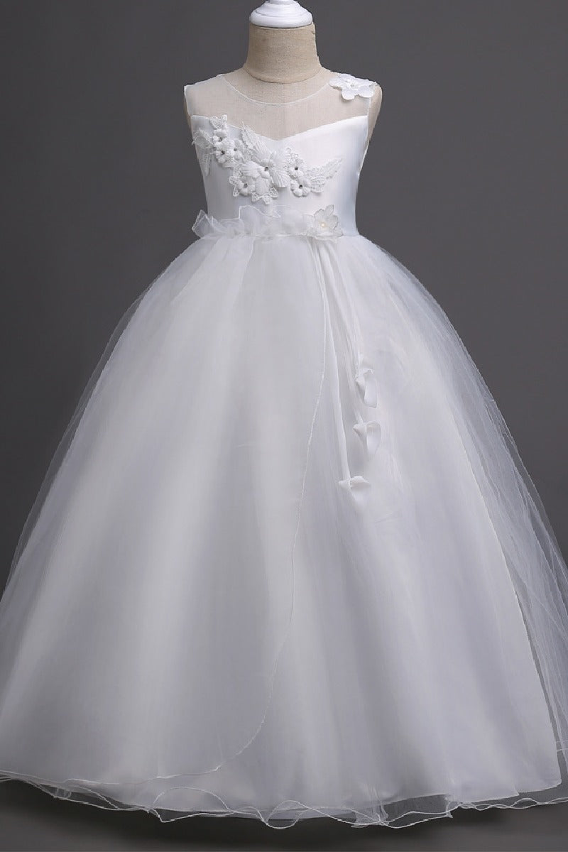 A-Line Illusion Neck Appliques Floor Length Tulle Flower Girl Dresses 1031510840050