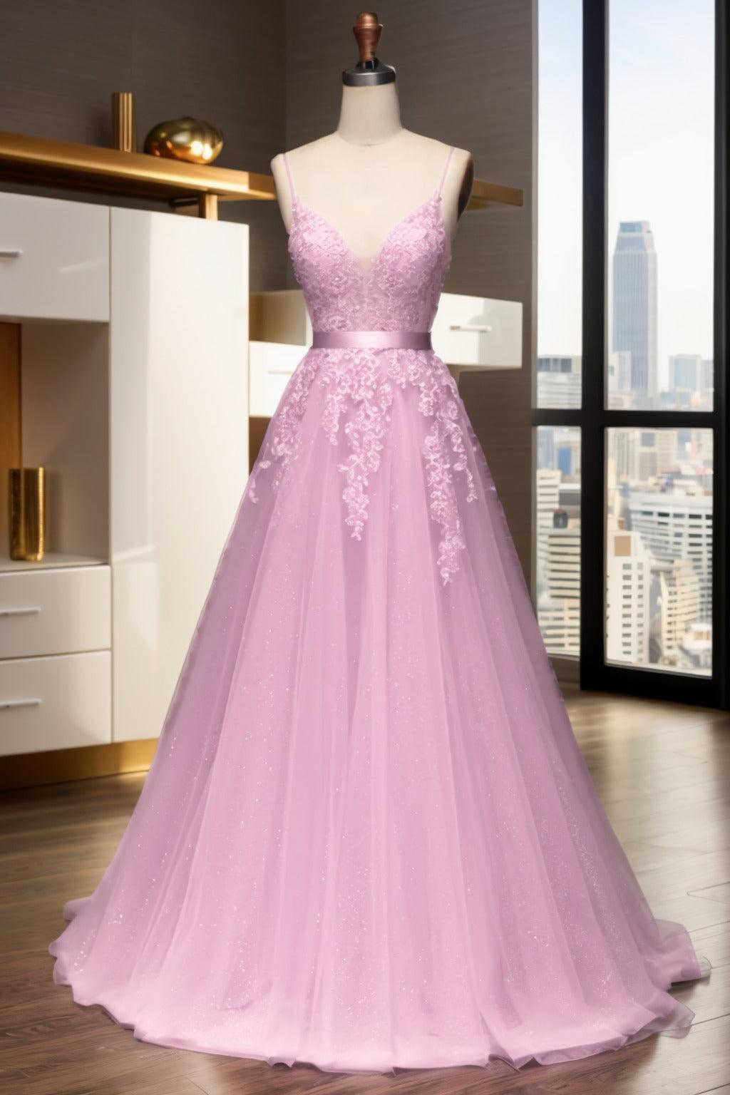 A-Line Sweep-Brush Train Tulle Prom Dress CS0464 - COCOMELODY