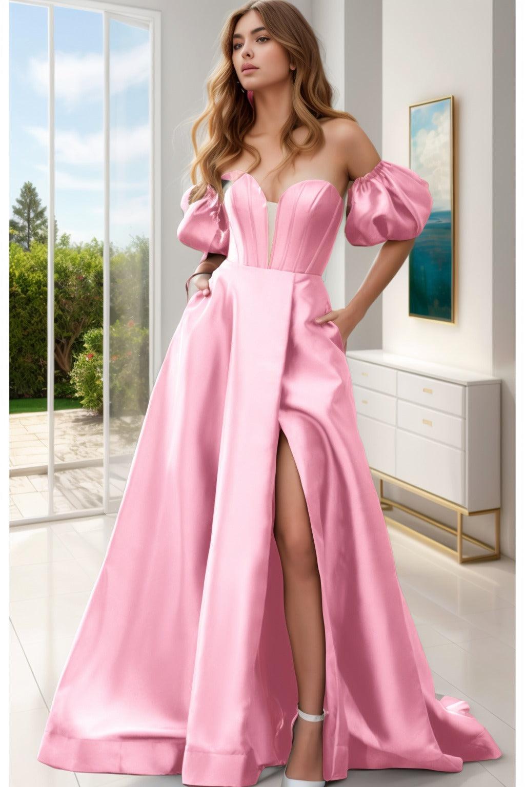 A-Line Sweep-Brush Train Satin Prom Dress CS0448 - COCOMELODY