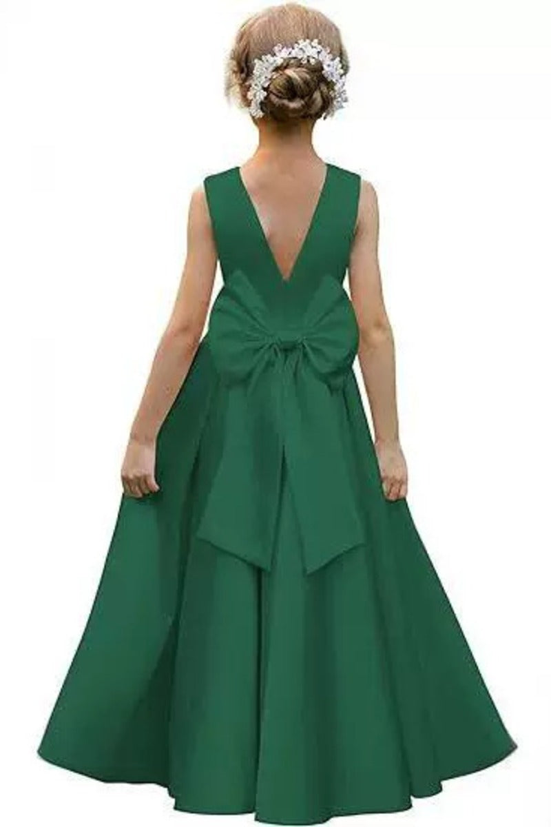 Elegant Satin Pearl Waist Pleated Skirt Bow Back Flower Girl Dresses 807252665221