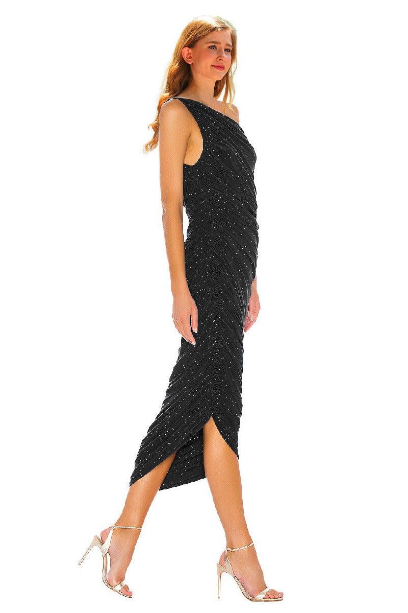 Silver wire pleated oblique shoulder cocktail dress 752479154321 - COCOMELODY
