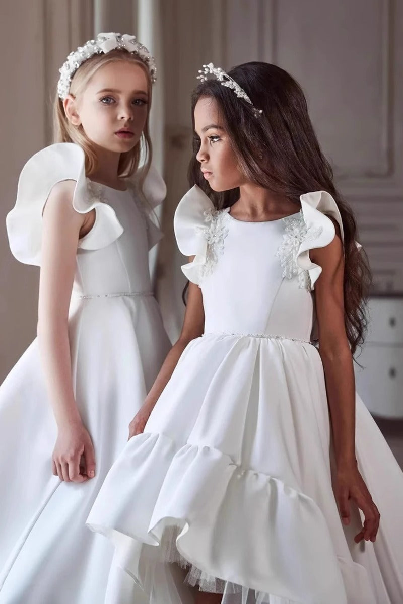 Classic Flutter Cap Sleeve Plain Satin Flower Girl Dresses 937002922707