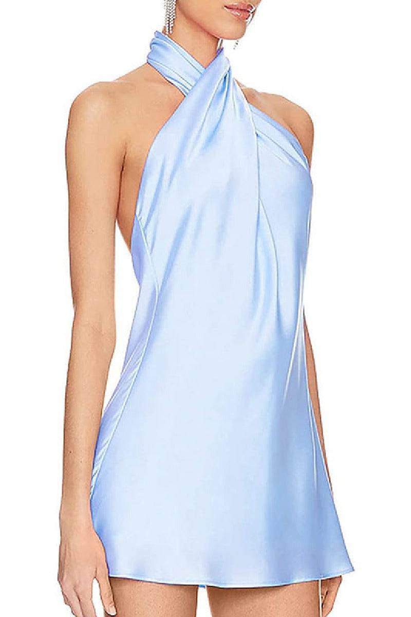 Short Mini Halter Satin Cocktail Wedding Guest Dresses 719578082098 - COCOMELODY