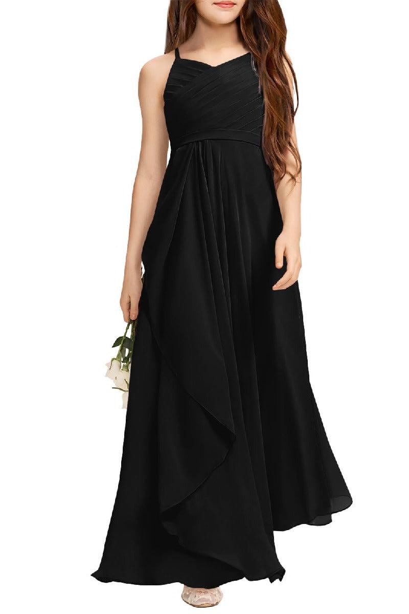 A-Line Halter Junior Bridesmaid Dress - Flowy Chiffon Maxi Gown B0C7CGNHD6 - COCOMELODY