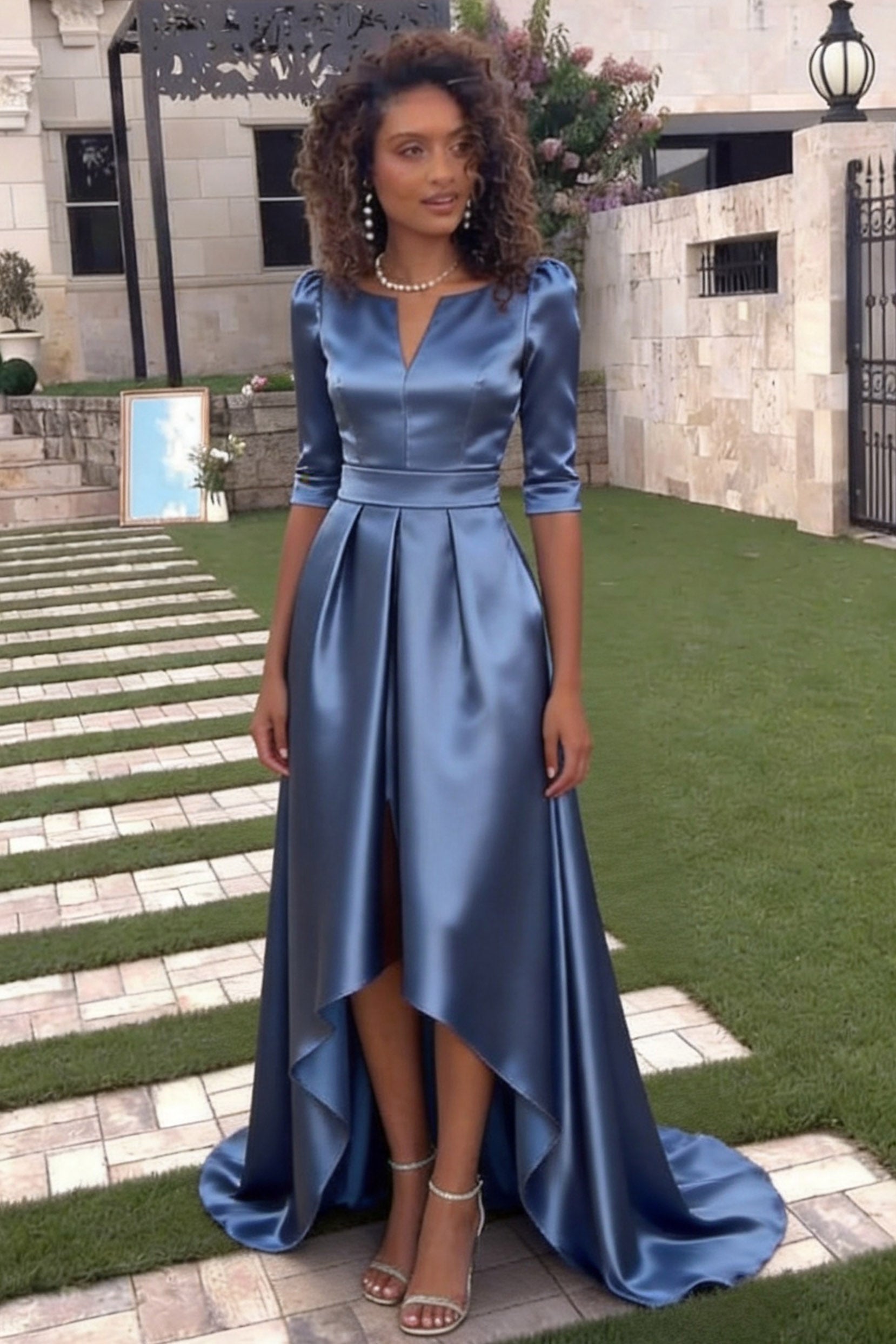 Elegant A-Line Ankle Length Satin Mother Dresses V-Neck Half