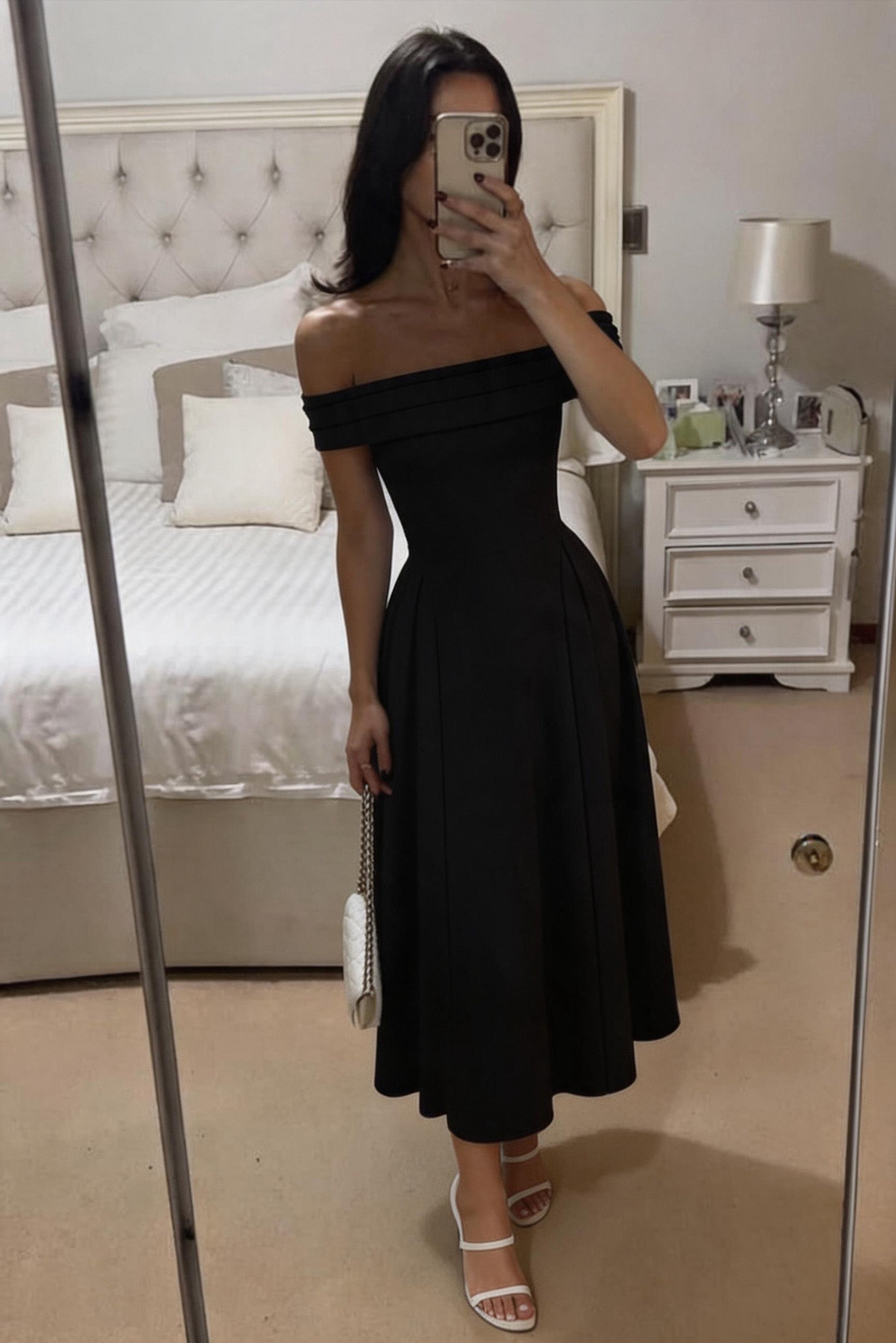 off the shoulder midi dress formal Petal and Pup Women's Hudson Casual dresses A defining tie tethers the side of this sleek shoulder Women's Marina Off Shoulder Beaded