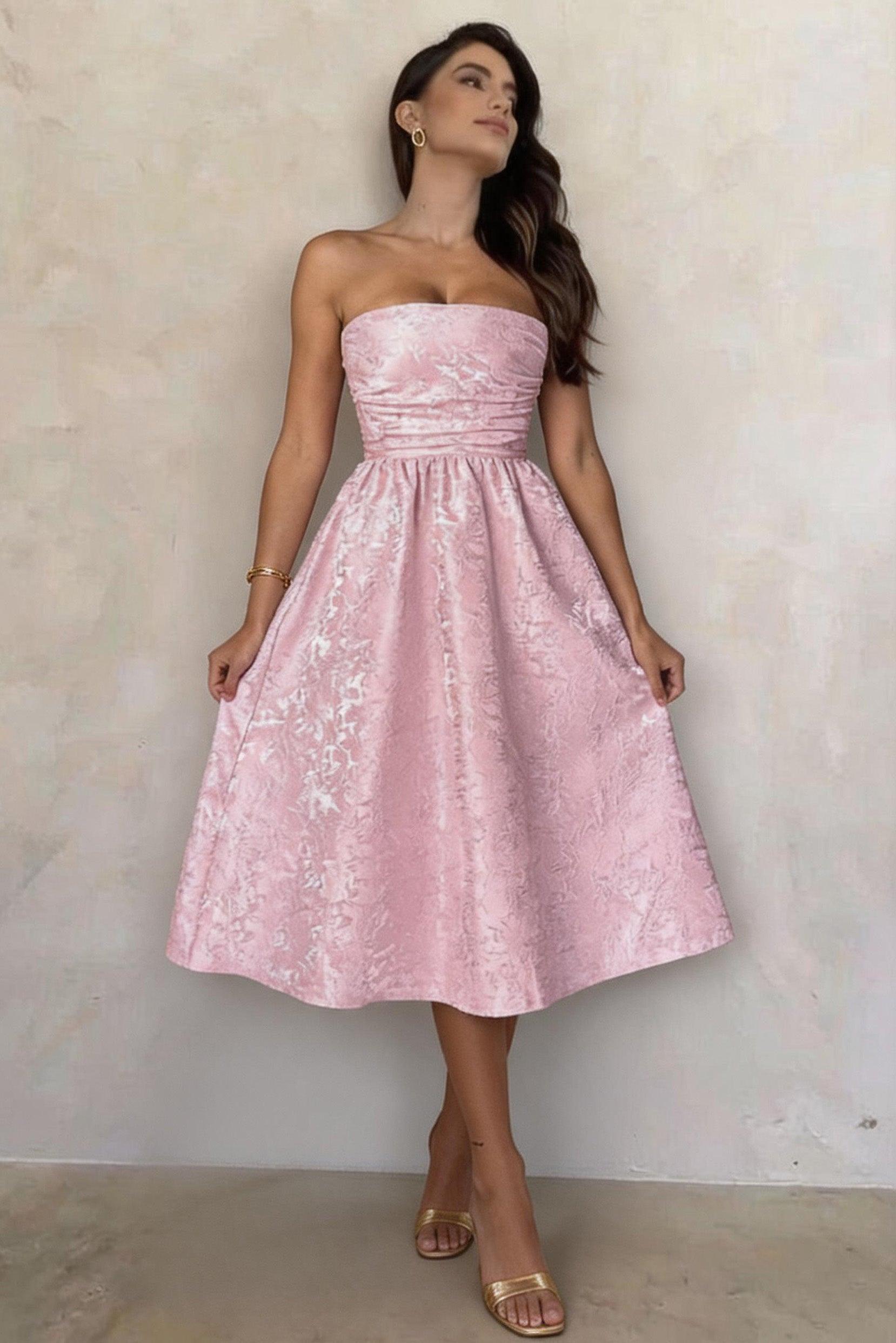 Jacquard Satin Midi Wedding Guest Dress A-Line Strapless Floral