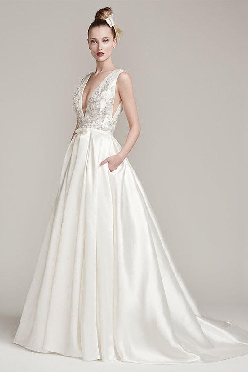 A-Line Sweep-Brush Train Satin Wedding Dress 611222896440 - COCOMELODY