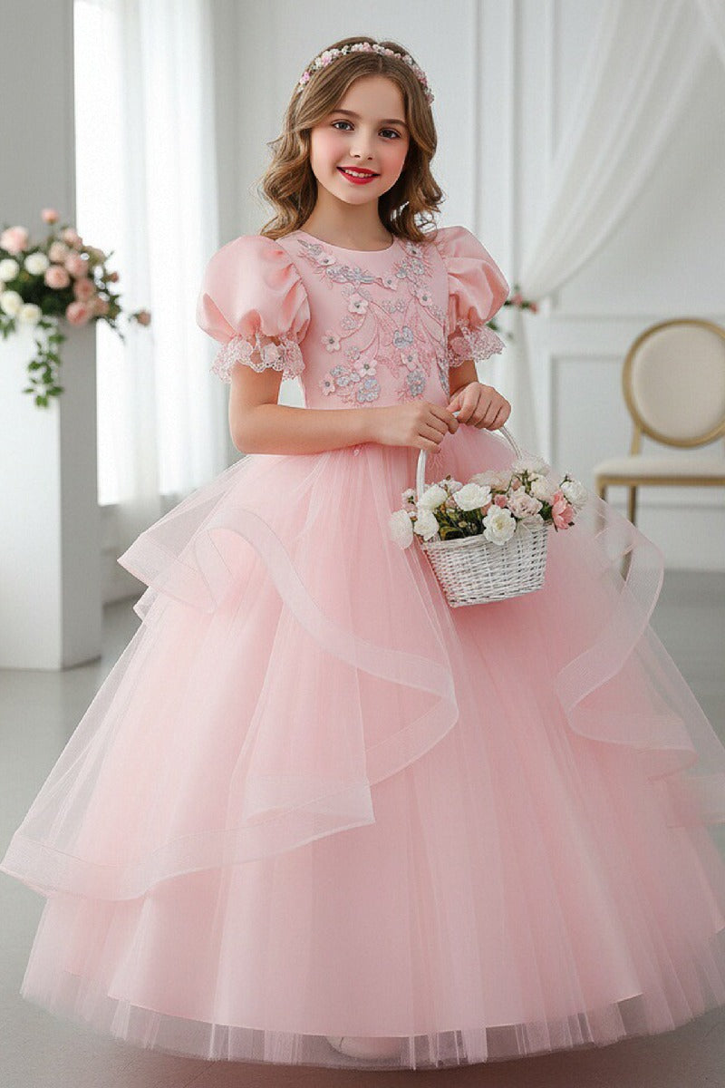 A-Line Round Neck Puff Short Sleeve Ruffled Tulle Floor-Length Flower Girl Dresses 1048500986721