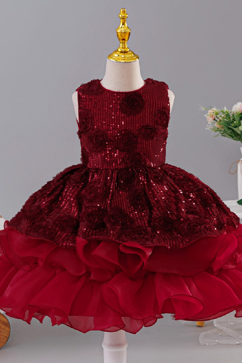 Sleeveless Round Neck Rosette Sequin Organza Flower Girl Dresses 1028863502898
