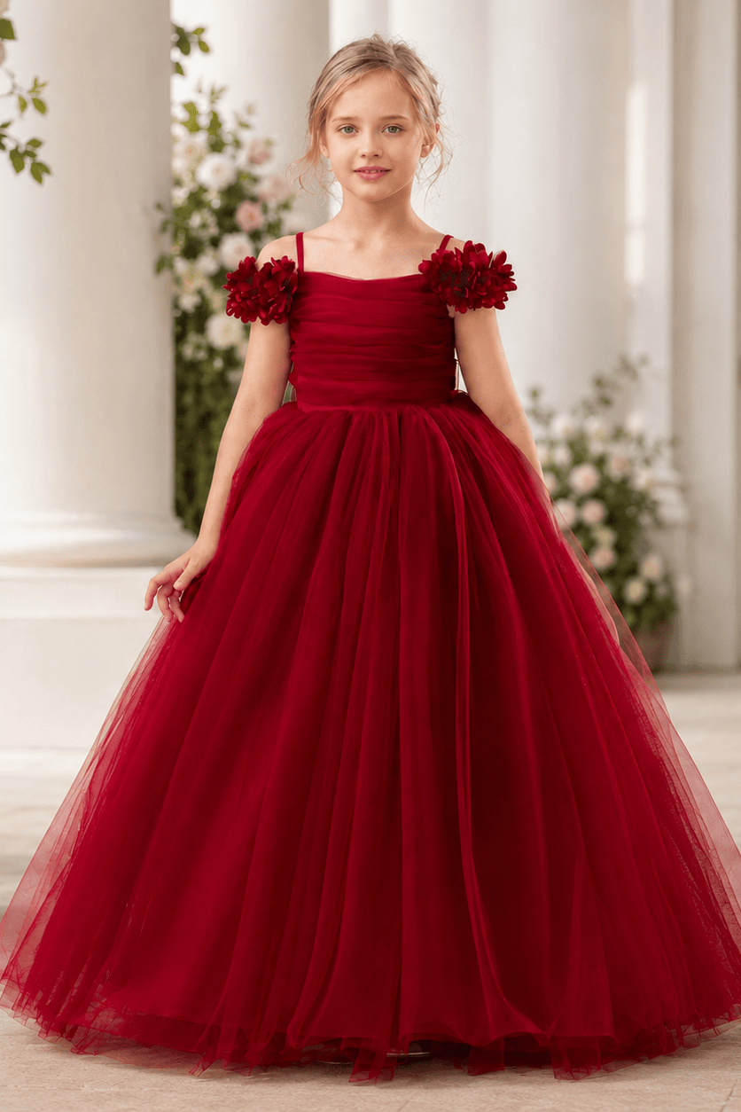 Elegant Floral Shoulder Ruched Bodice Tulle Flower Girl Dresses 890443747250