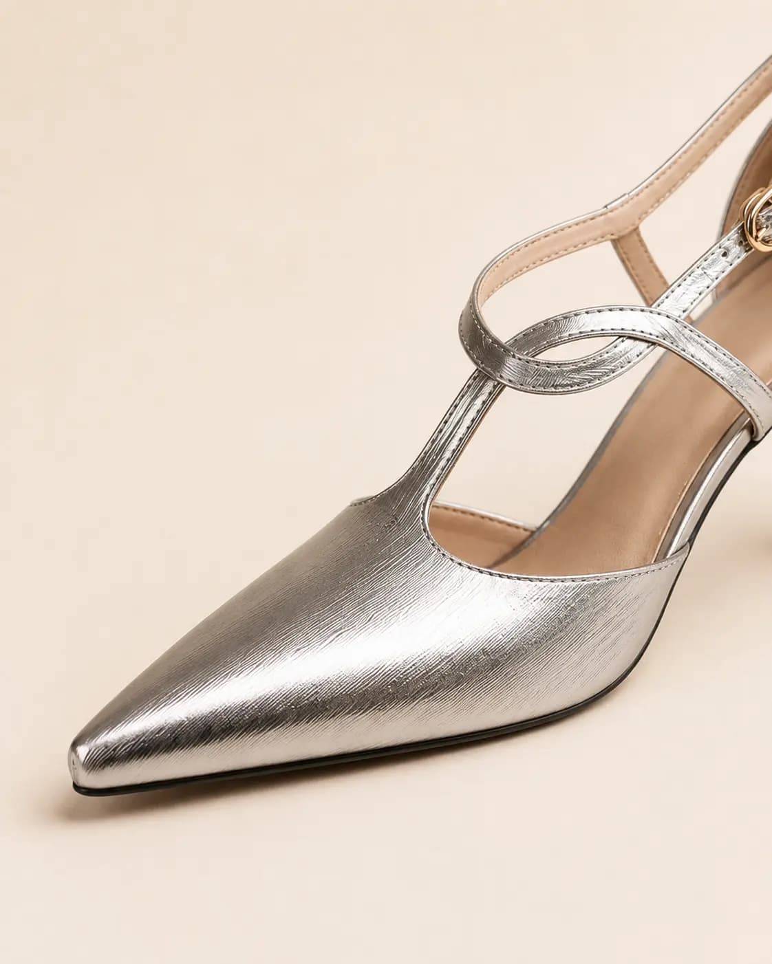 Metallic Pointed Toe Mary Jane Heels T Strap Elegant Design Shoes 915991421507