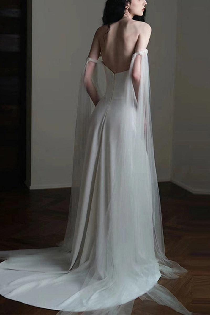 Sheath-Column Sweep-Brush Train Satin Wedding Dress 744497657577 - COCOMELODY