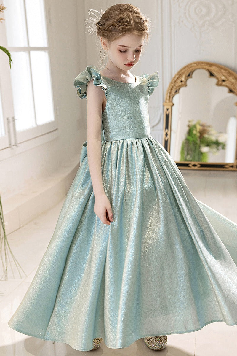 Glitter Fabric Gown Ruffle Sleeves Bow Floor Length Flower Girl Dresses 916560252784