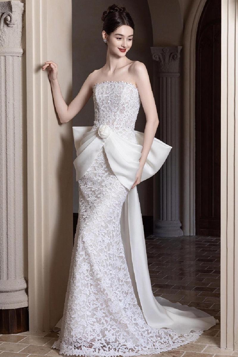 Sheath-Column Sweep-Brush Train Lace Wedding Dress 856822233361 - COCOMELODY