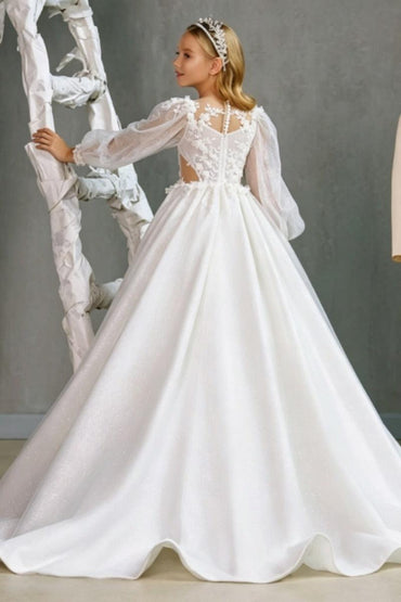 A-Line Illusion Puff Long Sleeve Sweep-Brush Train Flower Girl Dresses 745556463505 - 10 Days / White / 2 - COCOMELODY