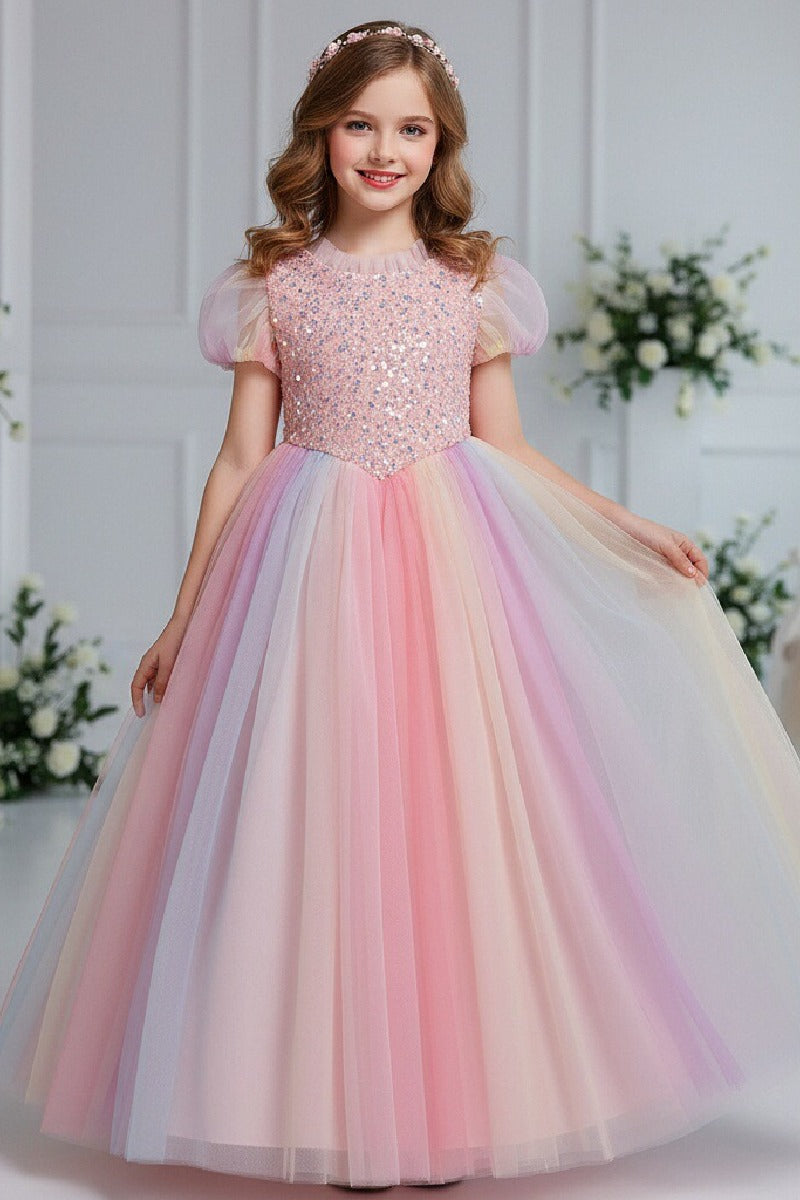A-Line Short Puff Sleeve Sequin Rainbow Tulle Floor-Length Flower Girl Dresses 1029773142446