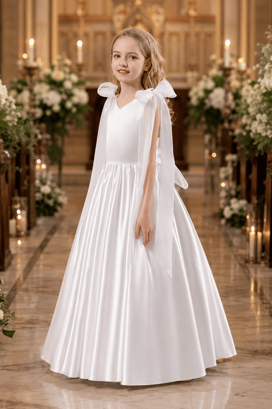 A-Line Satin Bow Shoulder Straps Sleeveless Flower Girl Dresses 955761680626