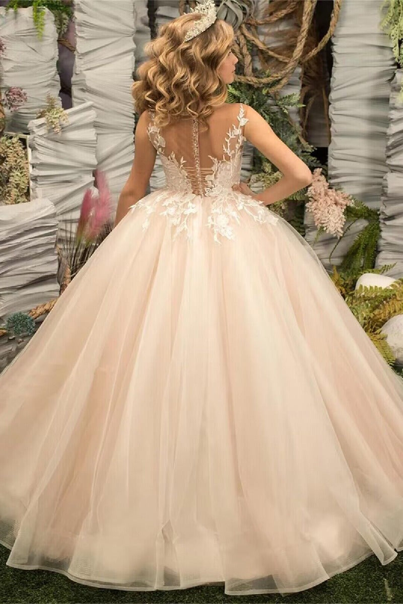 Floor Length A-Line Illusion Applique Flower Girl Dresses 673761187442