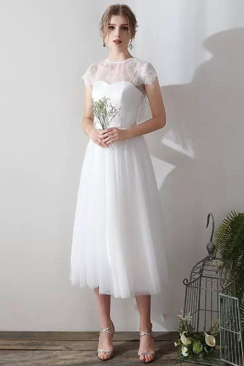 A-Line Tea Length Lace Tulle Wedding Dress 862471719437 - COCOMELODY