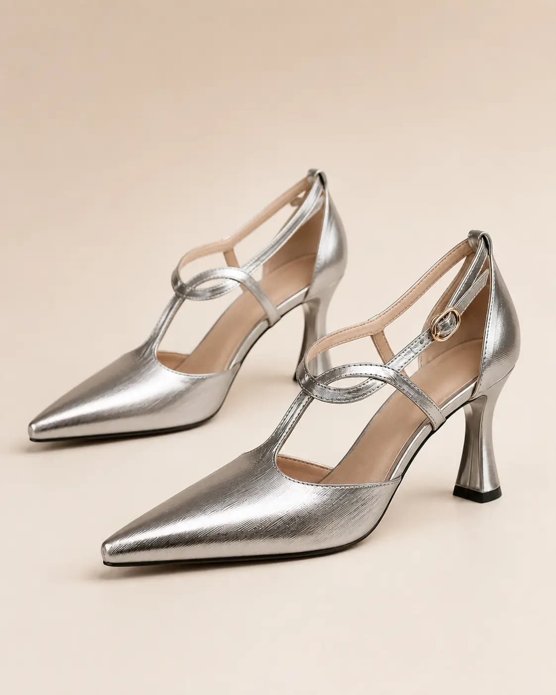 Metallic Pointed Toe Mary Jane Heels T Strap Elegant Design Shoes 915991421507