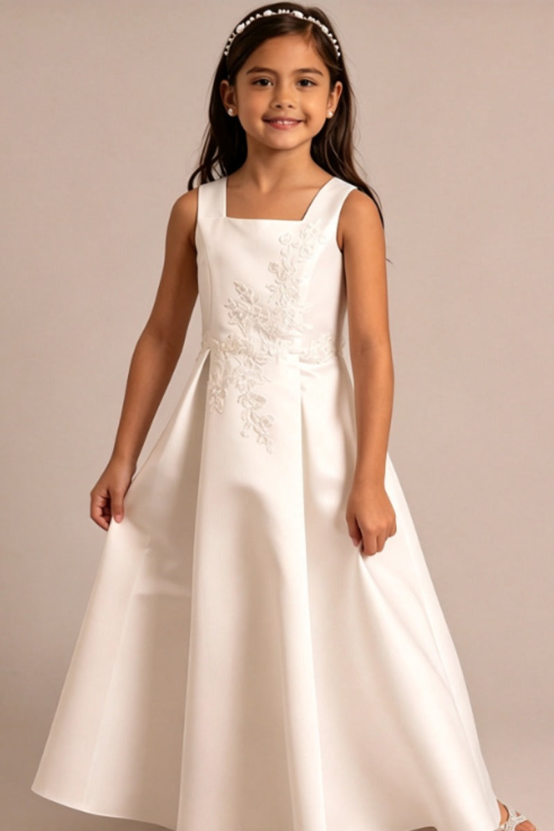 A-Line Ankle Length Satin Square Neck Appliques Flower Girl Dresses 1061417986274