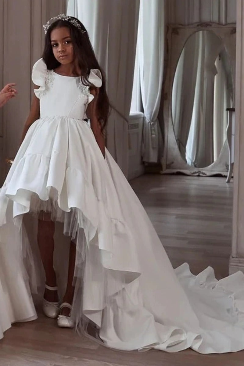 Classic Flutter Cap Sleeve Plain Satin Flower Girl Dresses 937002922707