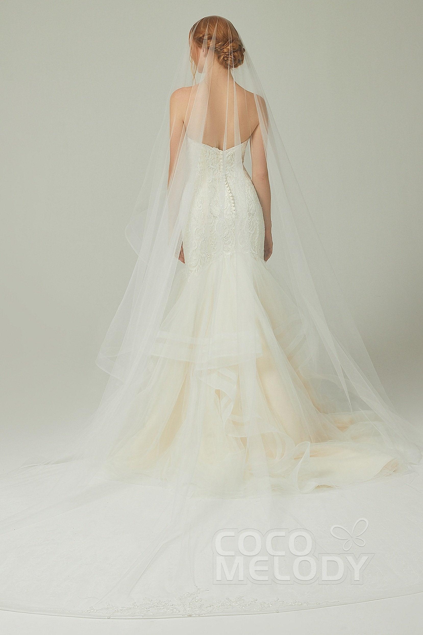 One-tier Lace Edge Tulle Cathedral Veils Appliques AV18020 - COCOMELODY