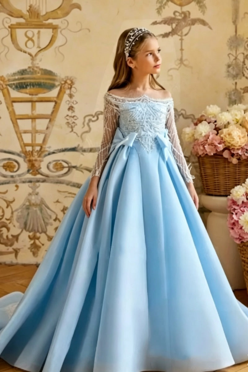 A-Line Off-Shoulder Beaded Satin Flower Girl Dresses 1059107968671