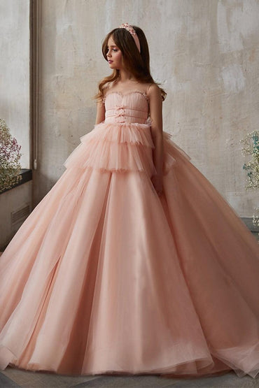 Spaghetti Strap Sweetheart Tiered Ruffle Tulle Flower Girl Dresses 693610462453 - 10 Days / Pink / 2 - COCOMELODY
