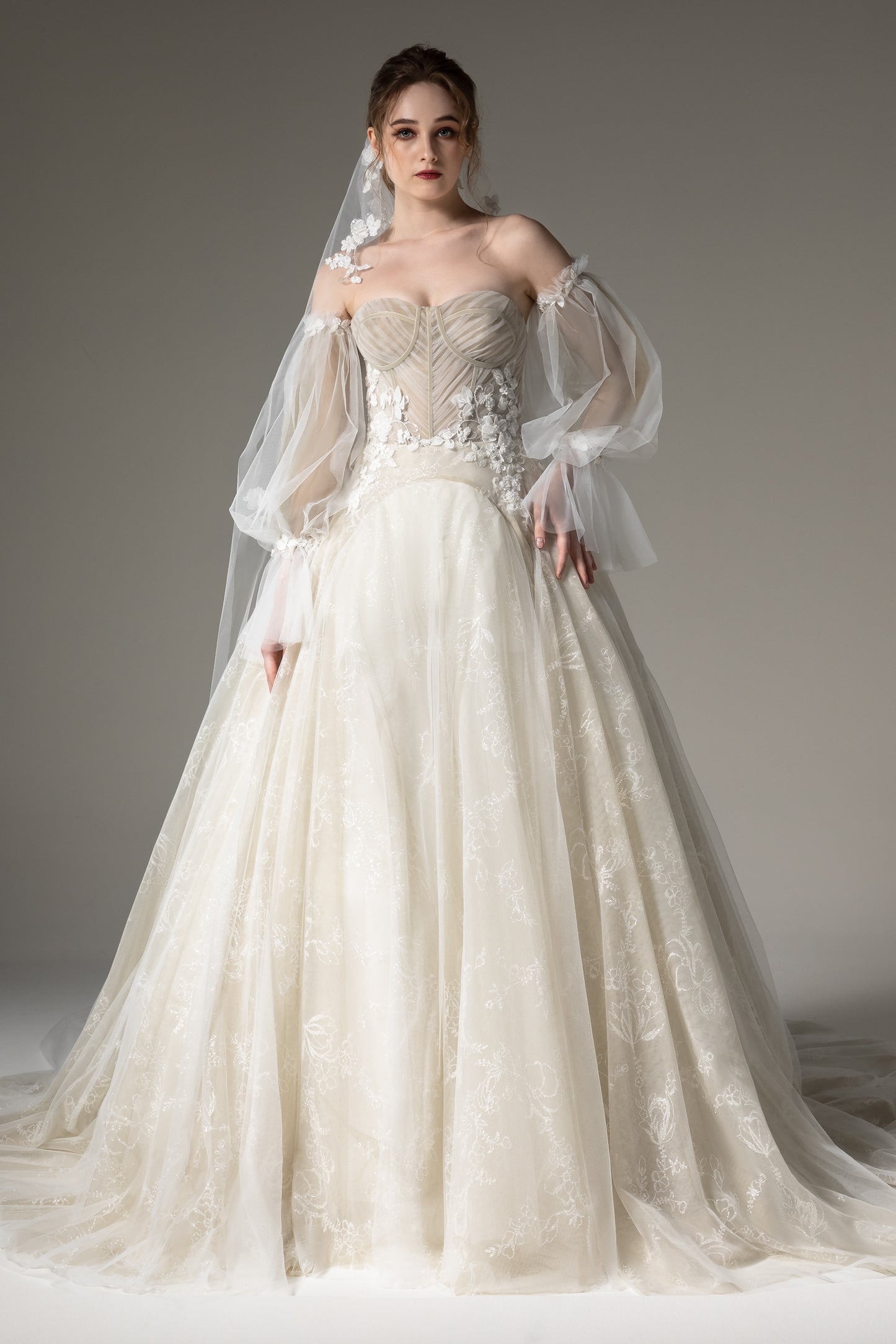 A-Line Chapel Train Tulle Wedding Dress CW2507