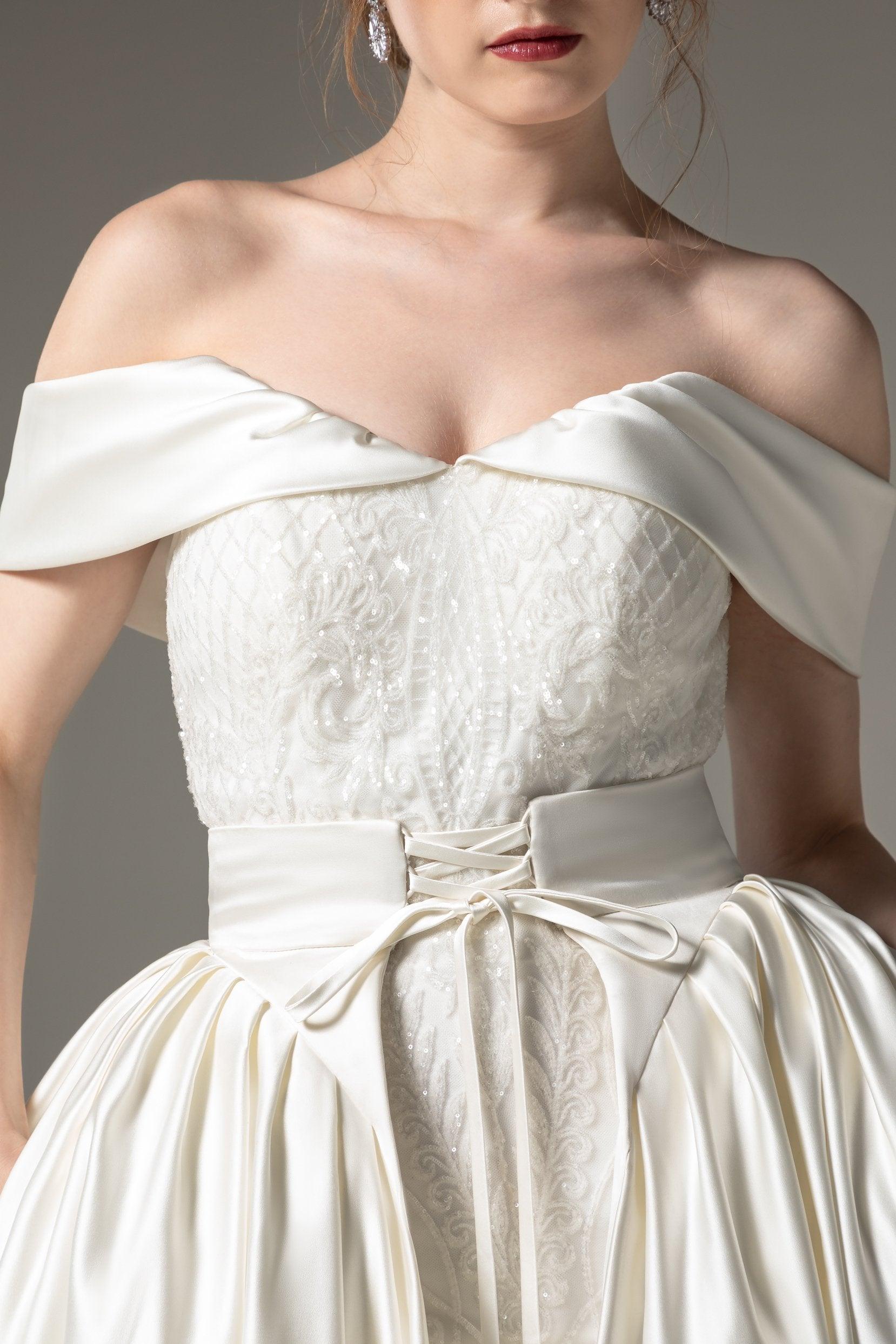 Princess Chapel Train Satin Wedding Dress CW2512 - COCOMELODY