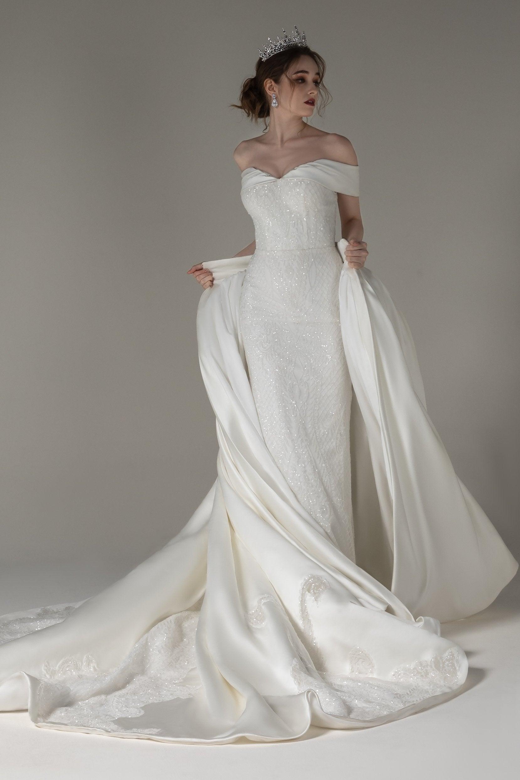 Princess Chapel Train Satin Wedding Dress CW2512 - COCOMELODY