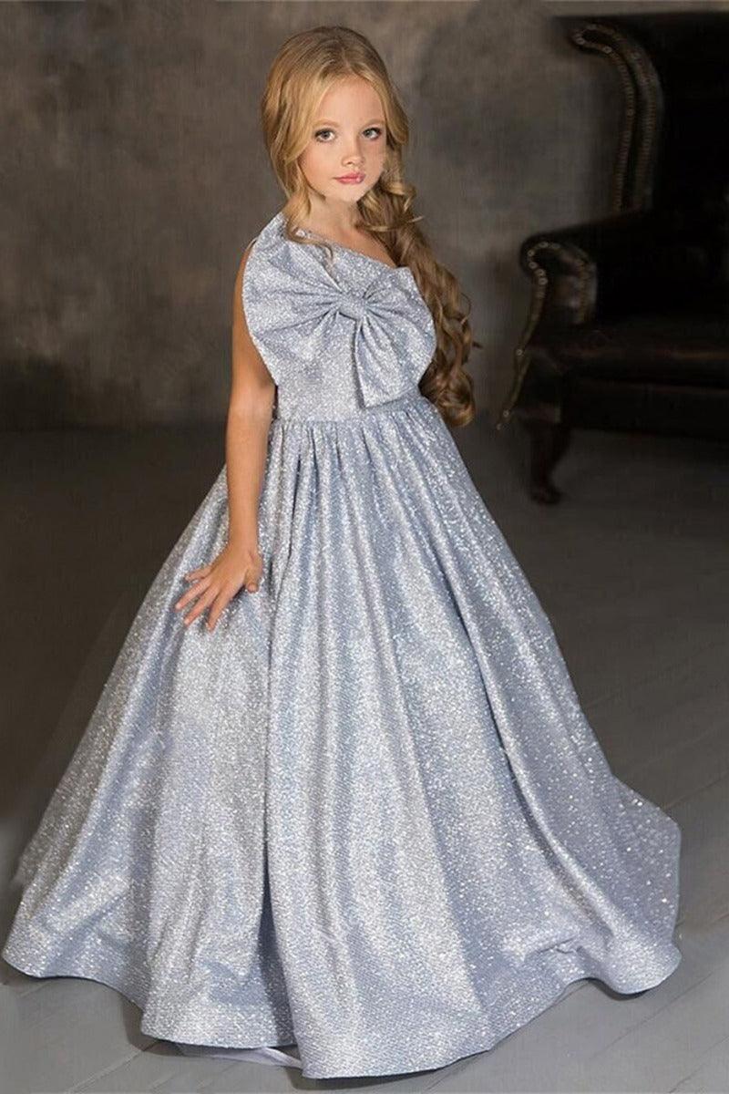 One Shoulder Large Bow Glitter Floor Length Flower Girl Dresses 699891566672 - 10 Days / As Picture / 2 - COCOMELODY