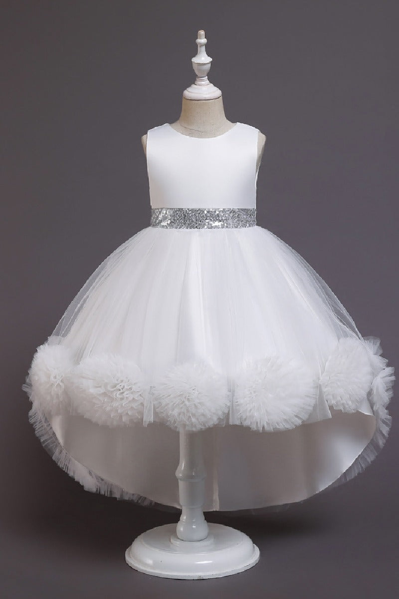 Princess Scoop Neck Sleeveless Hi-Low Tulle Pom Poms Flower Girl Dresses 1029780202104