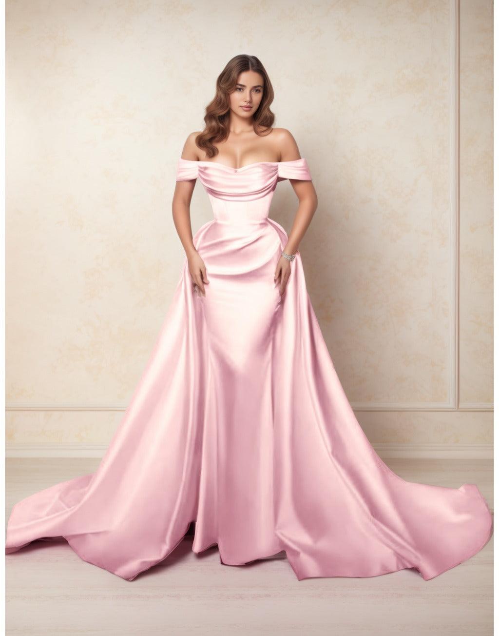 A-Line Chapel Train Satin Prom Dress CS0416 - COCOMELODY
