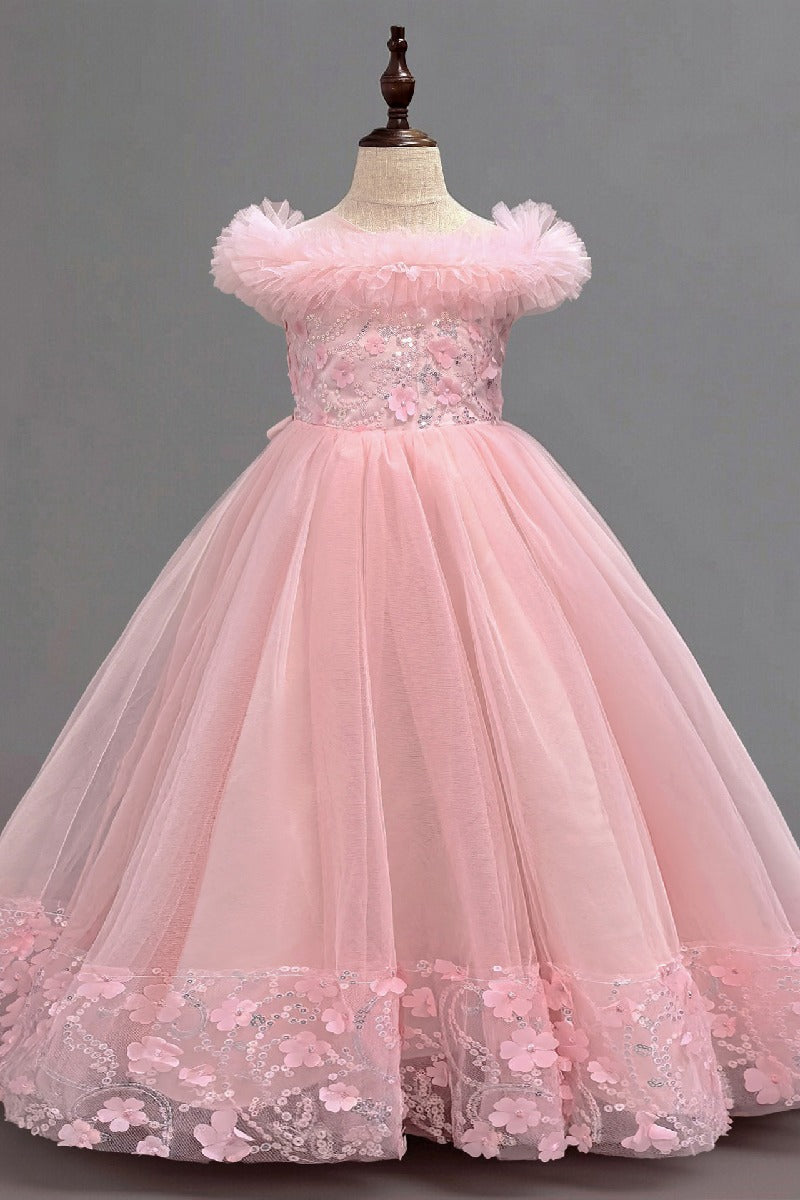A-Line Off The Shoulder Sleeves Floor Length Tulle Flower Girl Dresses 1050836973299
