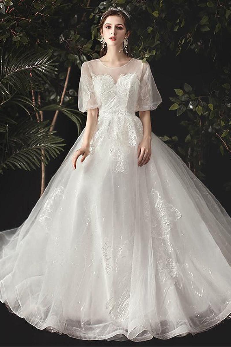 A-Line Floor Length Lace Sparkle Tulle Wedding Dress 679817491233 - COCOMELODY