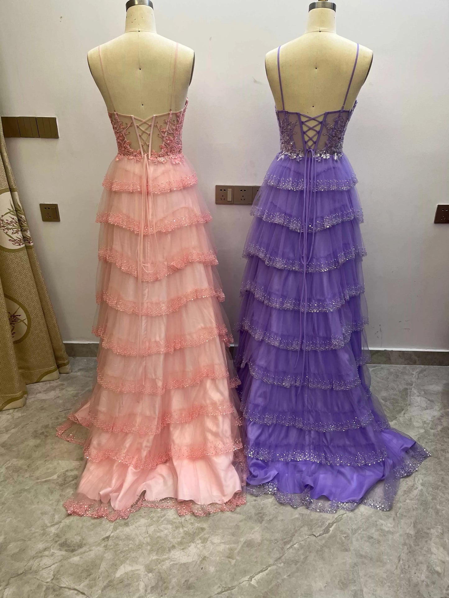 Spaghetti Straps Ruffles Tiered Prom Dresses With Slit CS0930