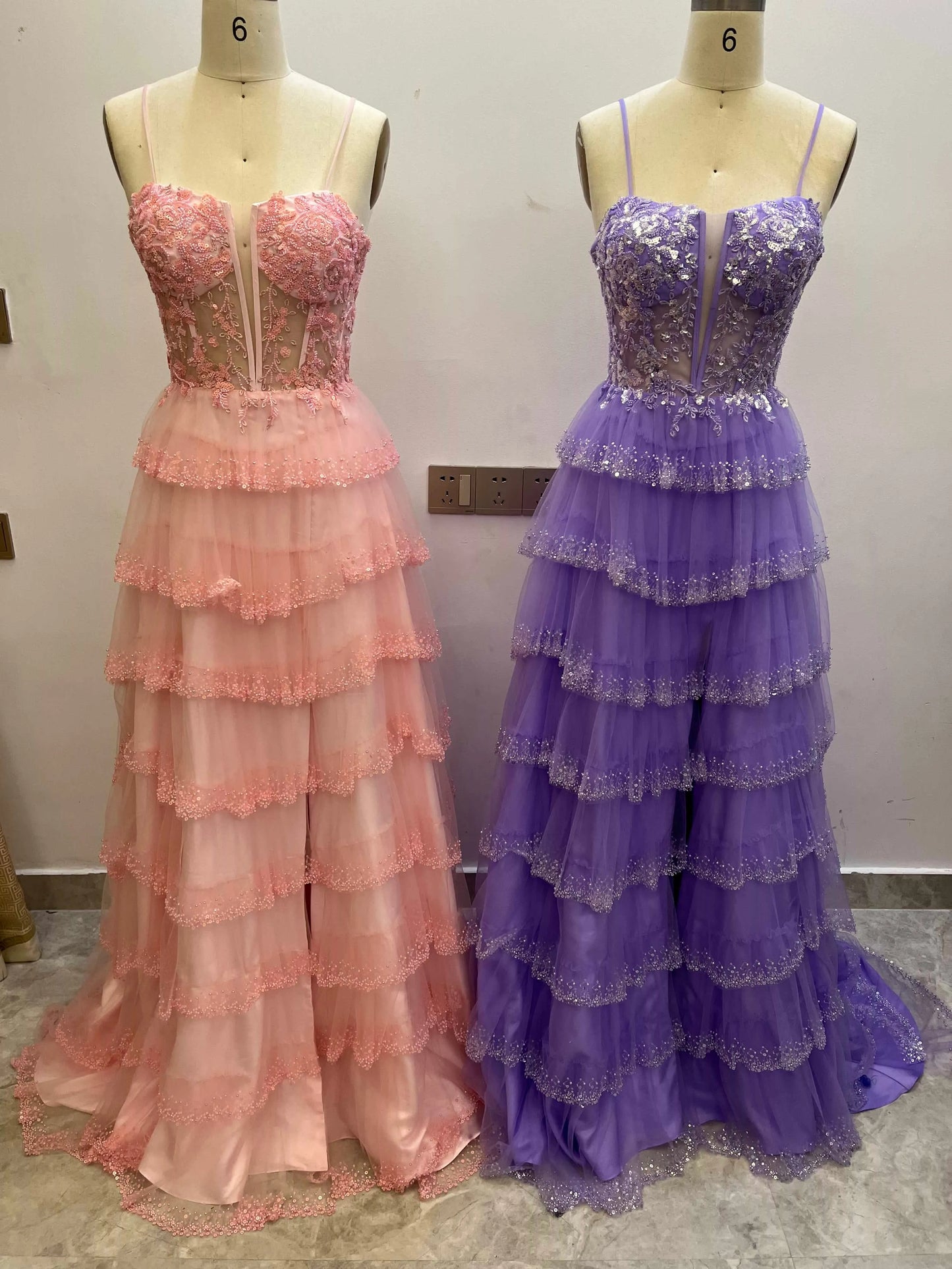 Spaghetti Straps Ruffles Tiered Prom Dresses With Slit CS0930