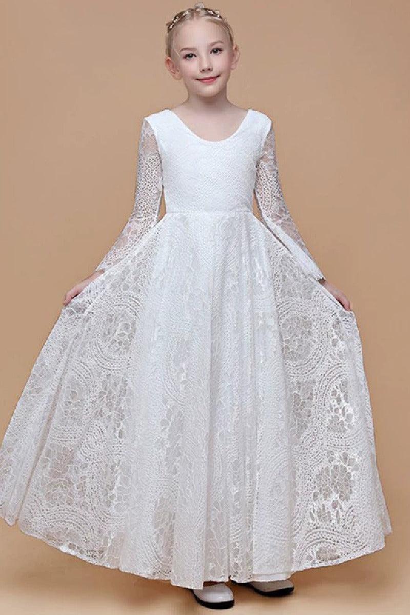 A-Line Scoop Neck Long Sleeve Lace Maxi Flower Girl Dresses 739220885327