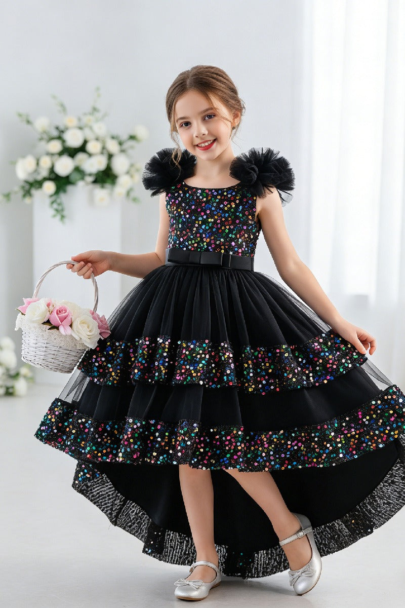 Ruffled Flutter Shoulder Sequin Ruffled Trim Bodice Tulle High-Low Flower Girl Dresses 1029823265576