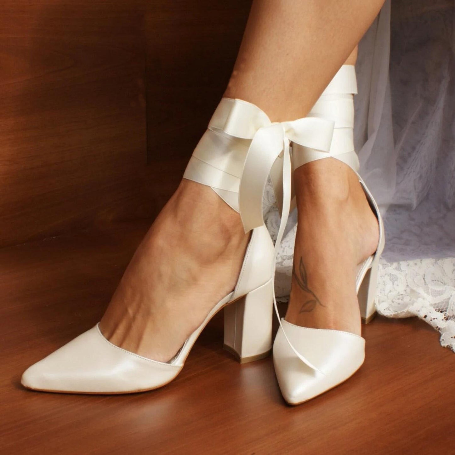 Ivory Satin Bow Ankle Strap Pointy Block Heel Shoes 709312934879