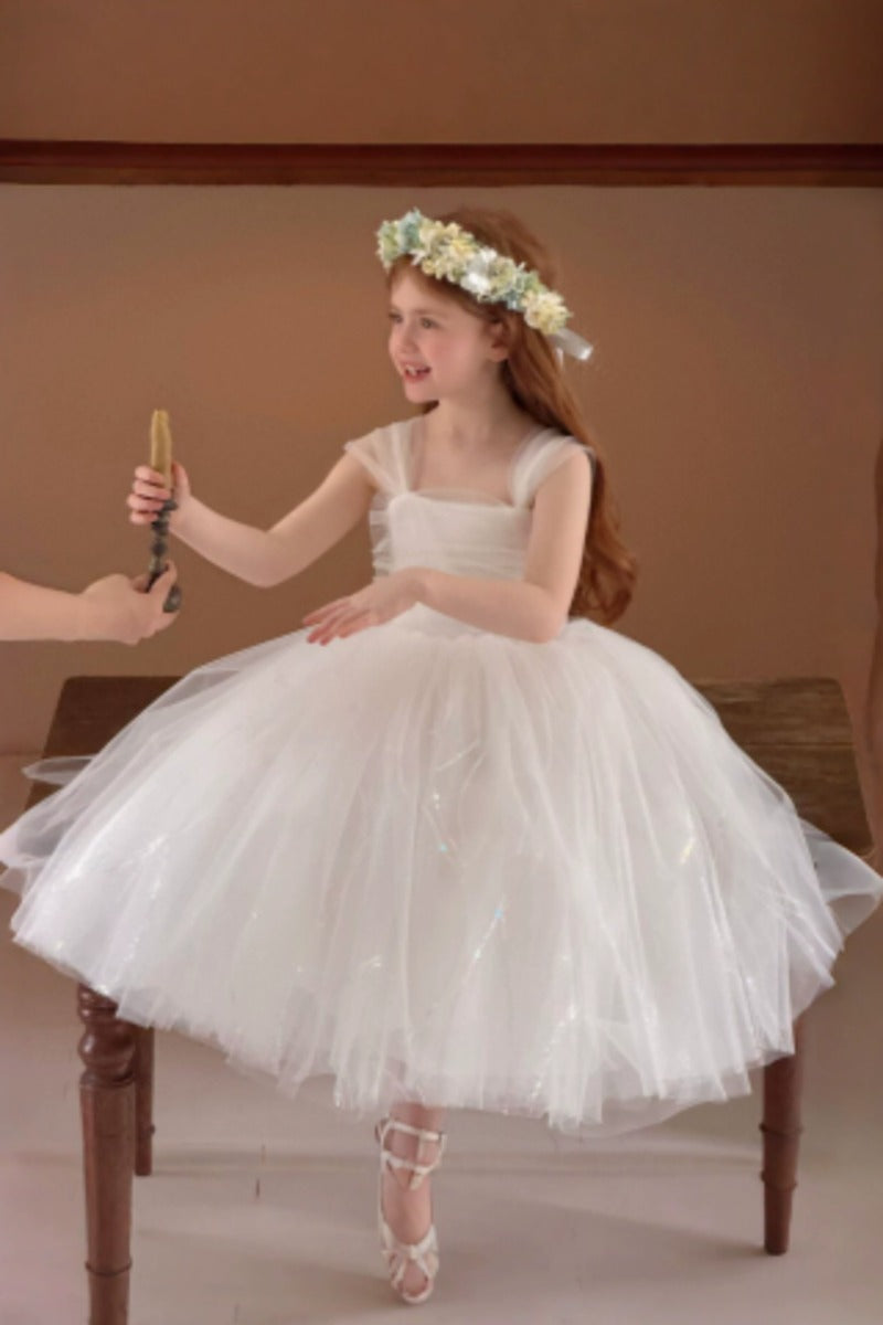 A-Line Glitter Tulle Ruffle Straps Ankle Length Flower Girl Dresses 1038452310663