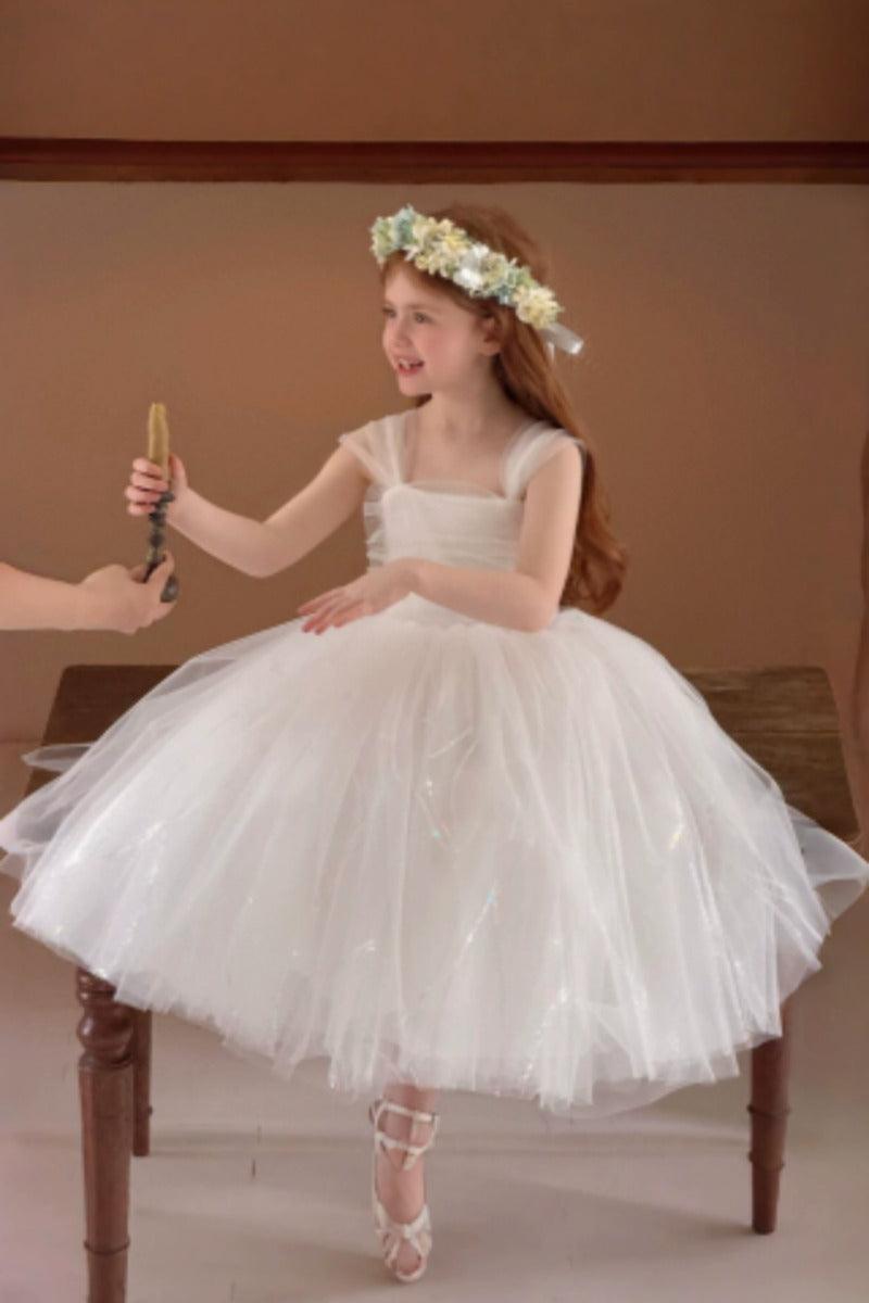 A-Line Glitter Tulle Ruffle Straps Ankle Length Flower Girl Dresses 1038452310663 - 7 Days / Ivory / 110cm - COCOMELODY