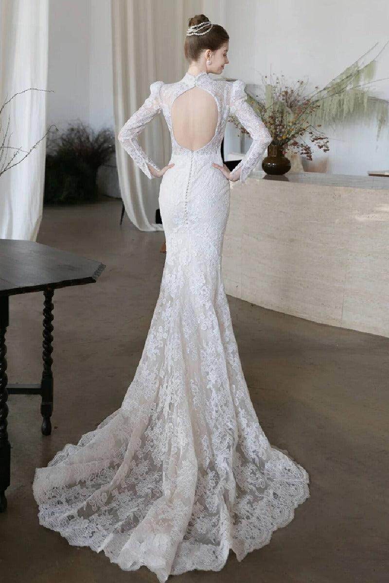 Trumpet-Mermaid Sweep-Brush Train Lace Wedding Dress 818104899723 - COCOMELODY