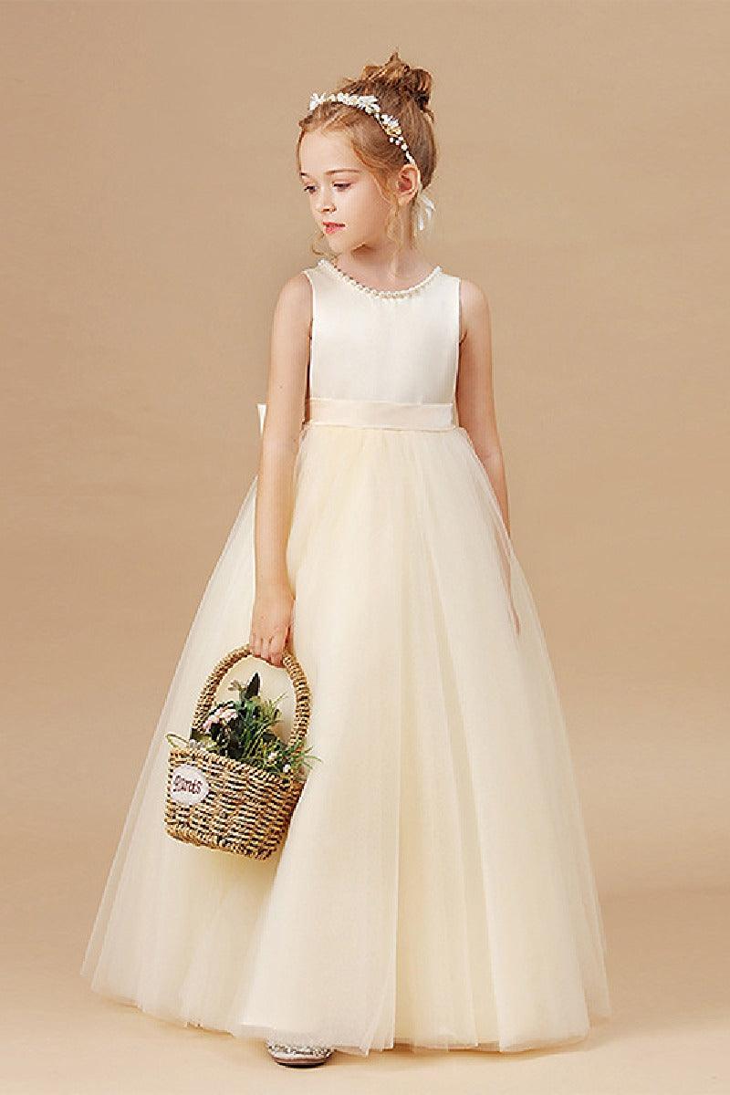 A-Line Scoop Neck Satin/Tulle Flower Girl Dresses With Bow(s)/Beading 752041855392 - COCOMELODY