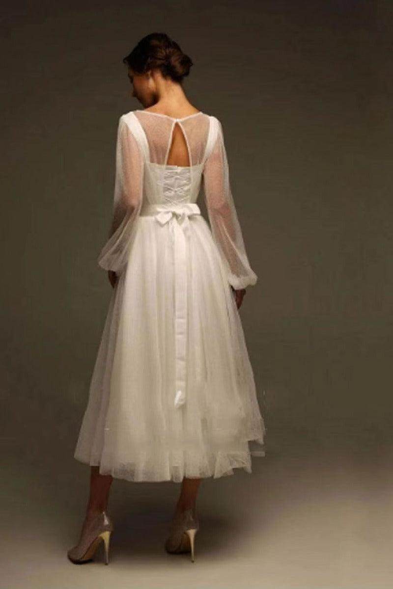 A-Line Tea Length Tulle Wedding Dress 857895271881 - COCOMELODY