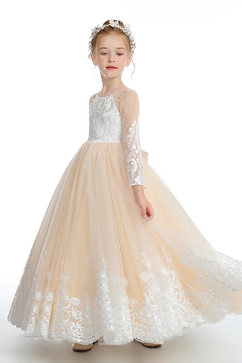 Ball-Gown/Princess Lace Tulle Sweep Floor Length Flower Girl Dresses Pageant Dresses With Bow 760441981255 - COCOMELODY