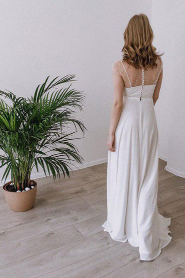 A-Line Sweep-Brush Train Chiffon Wedding Dress 650178936693 - COCOMELODY